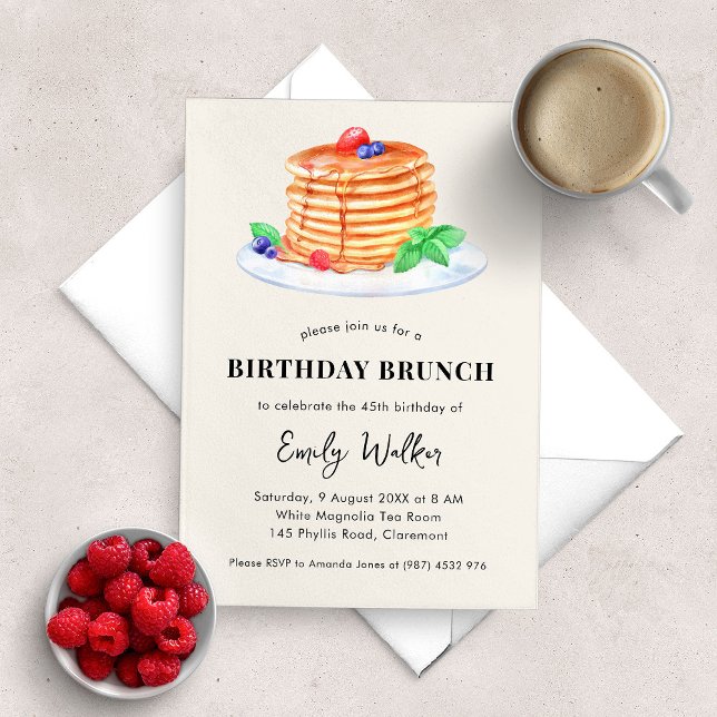 Pancake Birthday Brunch Party Einladung (birthday brunch party invitation with a watercolor illustration of a stack of pancakes with honey)
