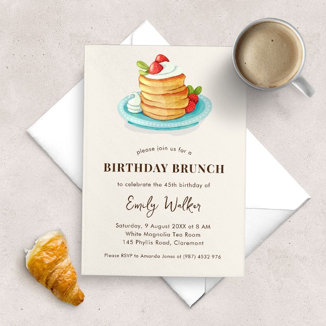 Pancake Birthday Brunch Party Einladung (birthday brunch party invitation with a watercolor illustration of Japanese pancake dessert.)