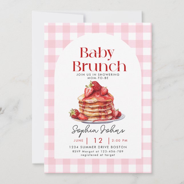 Pancake Strawberry Gingham Baby Brunch Babydusche Einladung (Vorderseite)