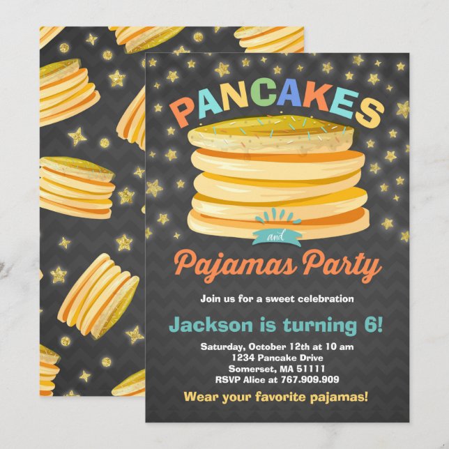 Pancake und Pajamas Geburtstag Einladung PJs Party (Vorne/Hinten)