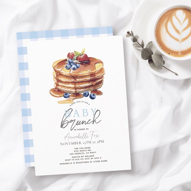 Pancake Watercolor Blue Gingham Boy Baby Brunch Einladung (Von Creator hochgeladen)