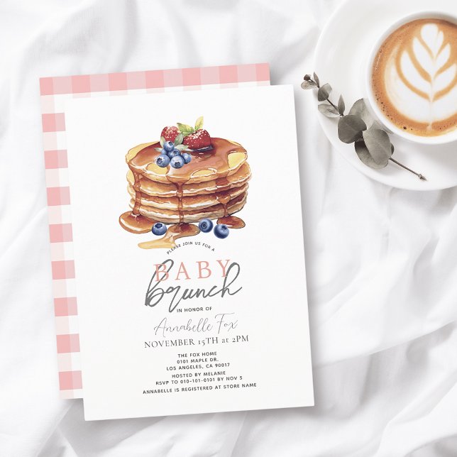 Pancake Watercolor Pink Gingham Girl Baby Brunch Einladung (Von Creator hochgeladen)