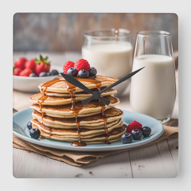 Pancakes and Milk Quadratische Wanduhr (Vorderseite)