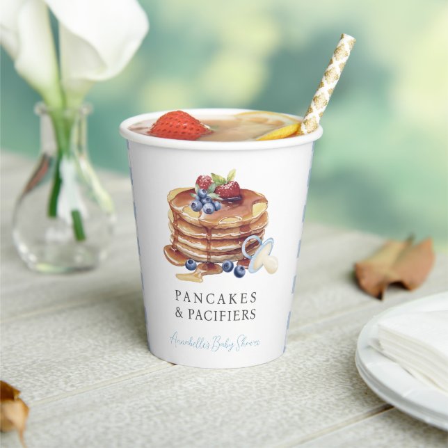 Pancakes & Pacifiers Blue Gingham Boy Baby Shower Pappbecher (In Situ)