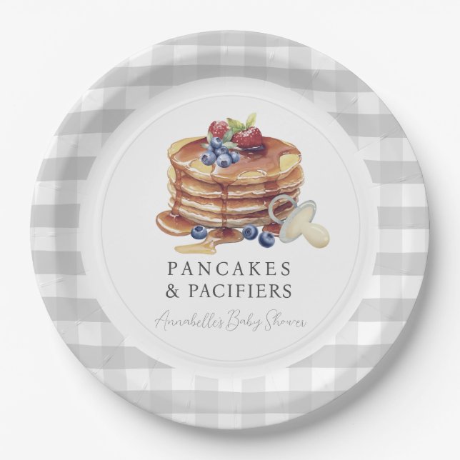 Pancakes & Pacifiers Gray Gingham Baby Shower Pappteller (Vorderseite)