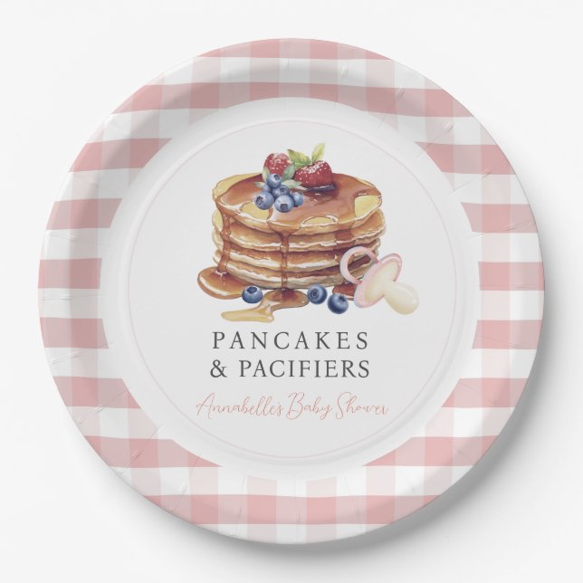 Pancakes & Pacifiers Pink Gingham Boy Baby Shower Pappteller (Vorderseite)
