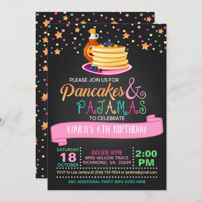 Pancakes & Pajamas Geburtstagsfeier Einladung (Vorne/Hinten)