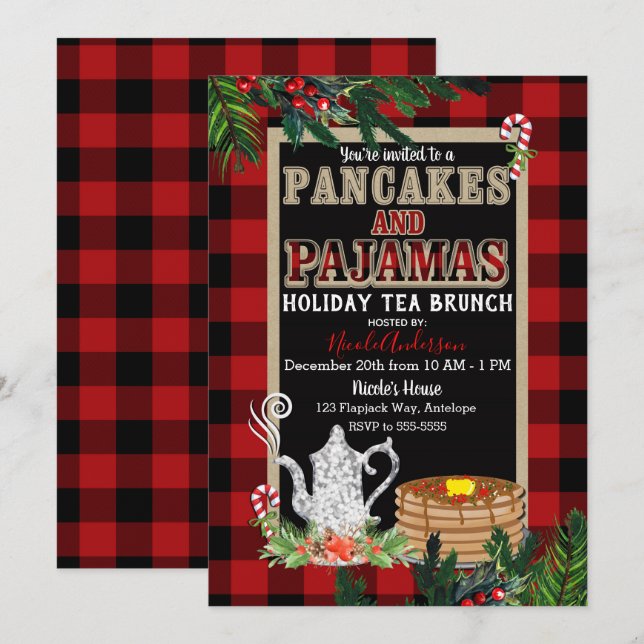Pancakes & Pajamas Holiday Tee Brunch Rustikal Kar Einladung (Vorne/Hinten)