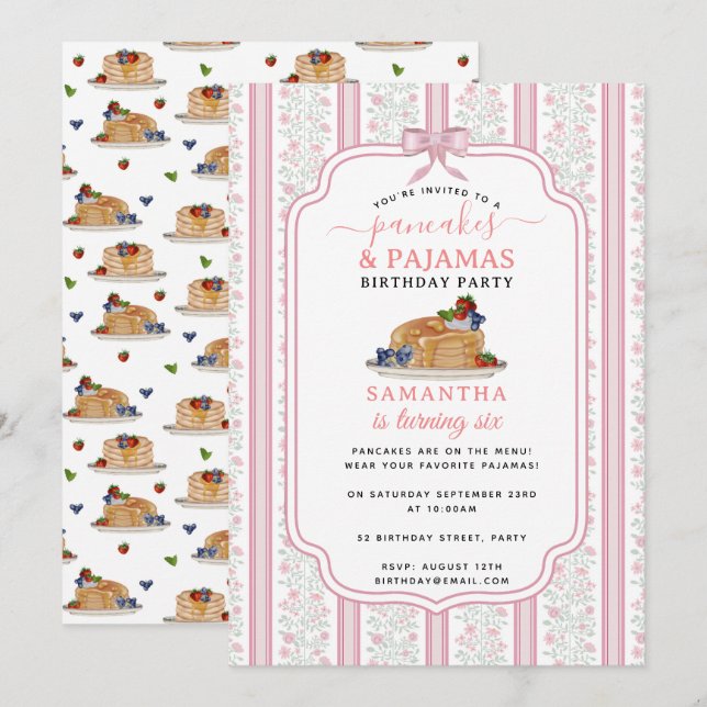Pancakes Pajamas PJ's Girl Kids Birthday Party Einladung (Vorne/Hinten)