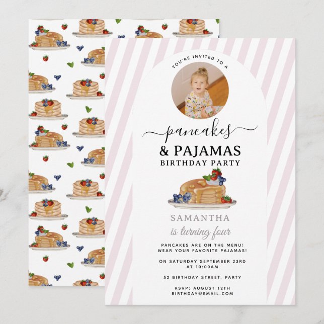 Pancakes Pajamas PJ's Girl Kids Birthday Photo Einladung (Vorne/Hinten)