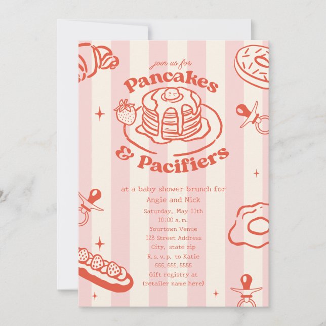 Pancakes Schnullers Doodle Girl Babydusche Brunch Einladung (Vorderseite)