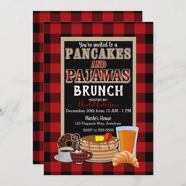 Pancakes und Pajamas Brunch Rotes Buffalo Kariert Einladung (Vorne/Hinten)