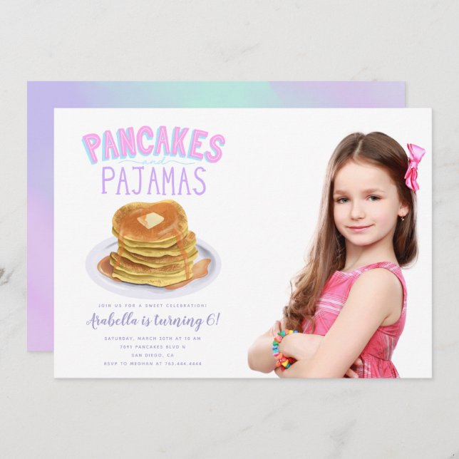 Pancakes und Pajamas Girl Birthday Party Foto Einladung (Vorne/Hinten)
