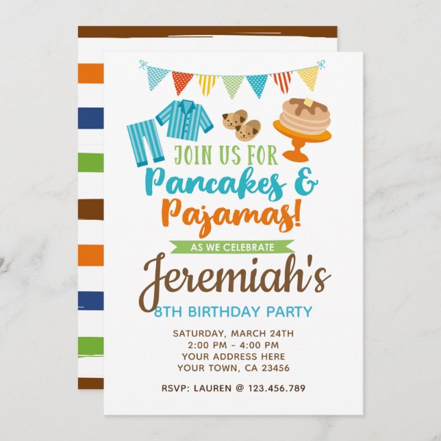 Pancakes und Pajamas Junge Einladung zum Geburtsta (Vorne/Hinten)