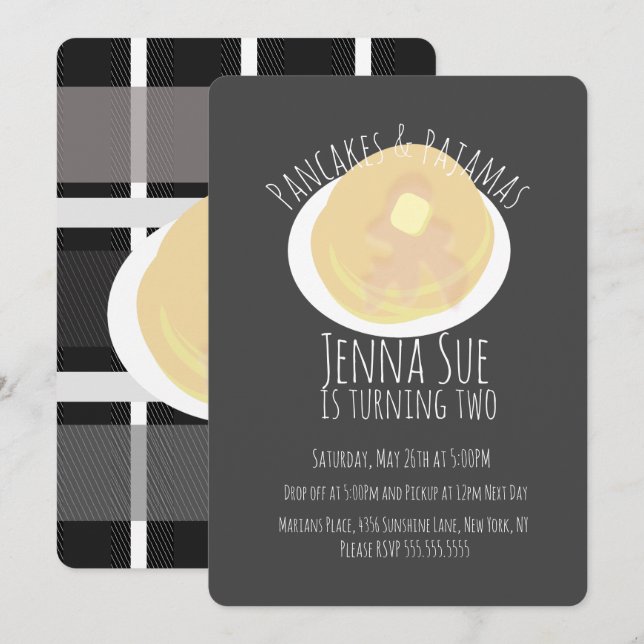 Pancakes und Pajamas Sleepover Girls | KARIERT Einladung (Vorne/Hinten)