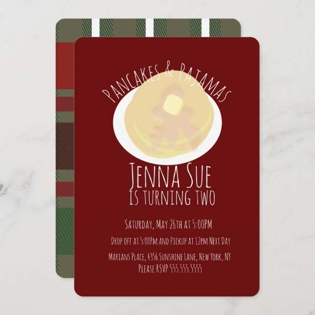 Pancakes und Pajamas Sleepover Girls | KARIERT Einladung (Vorne/Hinten)