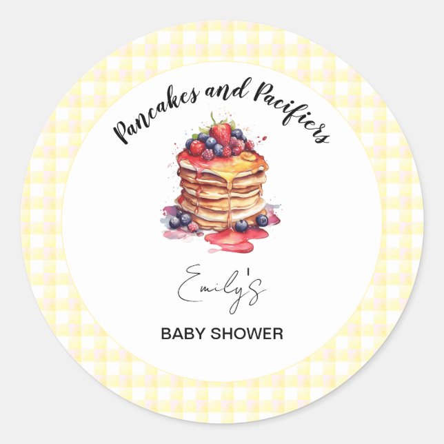 Pancakes und Schnuller Gingham Kariert Baby Shower Runder Aufkleber (Vorderseite)
