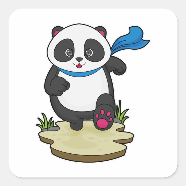 Panda als Runner mit Scarf Quadratischer Aufkleber (Vorderseite)