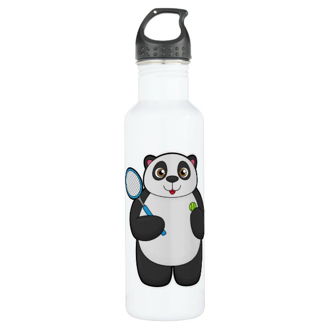 Panda als Tennisspieler mit Tennisschläger Edelstahlflasche (Vorderseite)