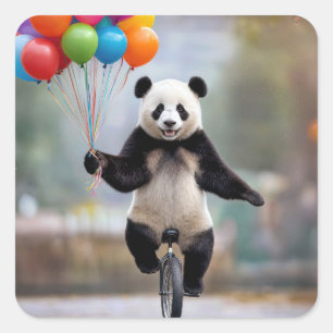 Panda auf einem Einrad mit Ballonbouquet Quadratischer Aufkleber