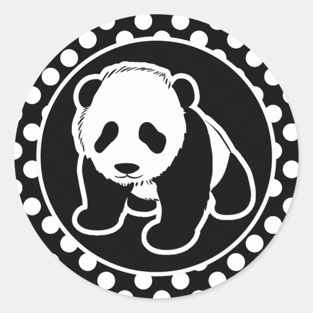 Panda auf schwarzen und weißen Polka-Punkten Runder Aufkleber (Vorderseite)