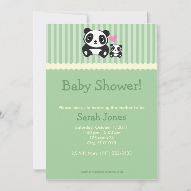 Panda Baby Dusche - Green Einladung (Vorderseite)
