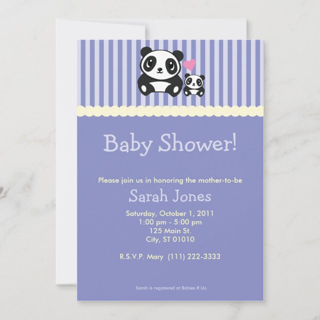 Panda-Baby-Dusche - lila Einladung (Vorderseite)