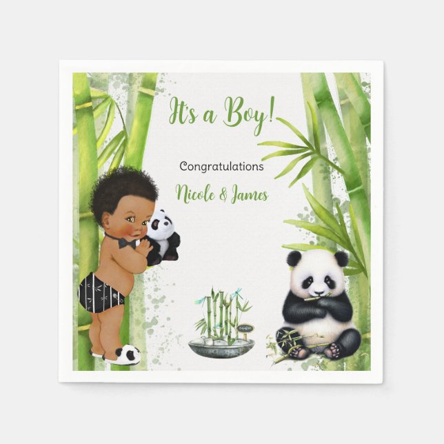 Panda Bamboo Theme Baby Boy Schwarz-weiß Green Serviette (Vorderseite)