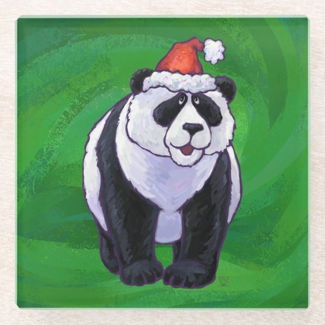 Panda-Bär in der Weihnachtsmannmütze auf Grün Glasuntersetzer (Vorderseite)