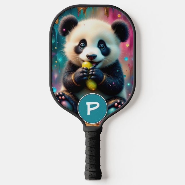 Panda Bär isst eine eingelegte Gurke Monogramm Pickleball Schläger (Vorderseite)