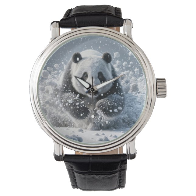 Panda-Bär läuft im Schnee Armbanduhr (Vorderseite)