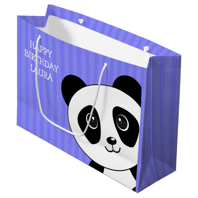 Panda Bär mit Lila Streifen Geburtstag Große Geschenktüte (Vorderseite Schrägansicht)