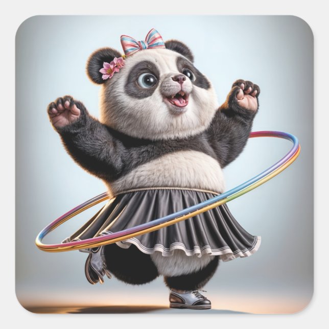 Panda Bär mit Regenbogen Hula Hoop Quadratischer Aufkleber (Vorderseite)