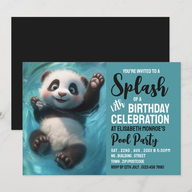Panda-Bär plashen, Pool-Party Geburtstag Einladung (Vorne/Hinten)