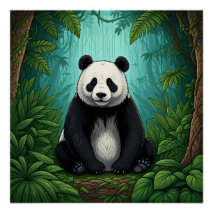 Panda Bär sitzt in einer Reinigung des Dschungels Poster