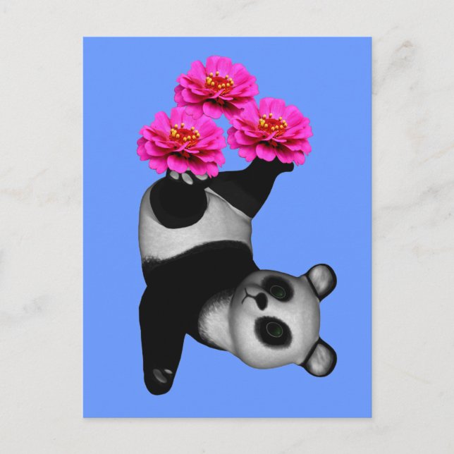 Panda Bär und rosa Zinnia Blume Postkarte (Vorderseite)