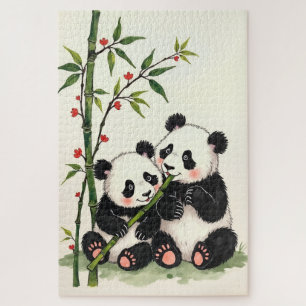 Panda-Bären-Paar Einfache Liebe Tuschkunst Puzzle