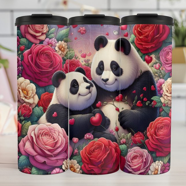 Panda-Bären-Paar Rosengarten-Wrap Thermosbecher (Von Creator hochgeladen)
