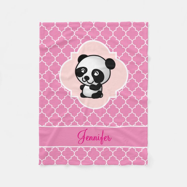 Panda-Bärn-Rosa Quatrefoil mit Namen Fleecedecke (Vorderseite)