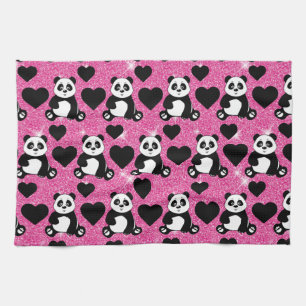 Panda Bear Animal Lover Black Hearts Pink Glitzer Geschirrtuch