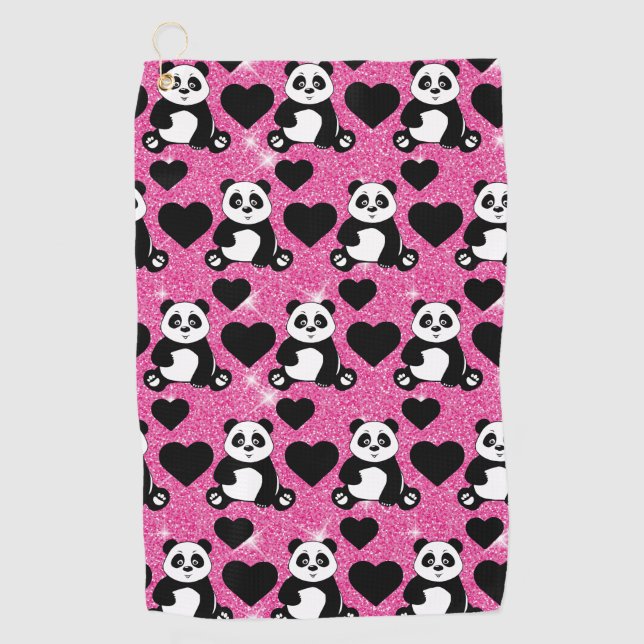 Panda Bear Animal Lover Black Hearts Pink Glitzer Golfhandtuch (Vorderseite)