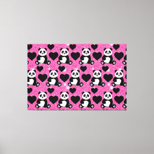 Panda Bear Animal Lover Black Hearts Pink Glitzer Leinwanddruck