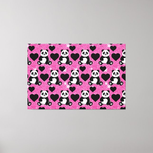Panda Bear Animal Lover Black Hearts Pink Glitzer Leinwanddruck (Vorderseite)