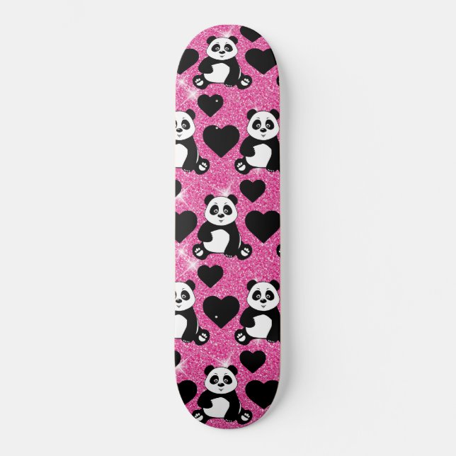 Panda Bear Animal Lover Black Hearts Pink Glitzer Skateboard (Vorderseite)