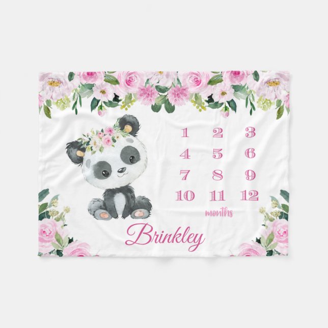 Panda Bear Baby Girl Monthly Milestone Baby Fleecedecke (Vorderseite (Horizontal))