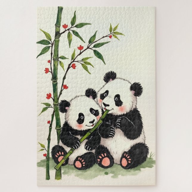 Panda Bear Couple Simple Love Ink Art Puzzle (Vertikal)