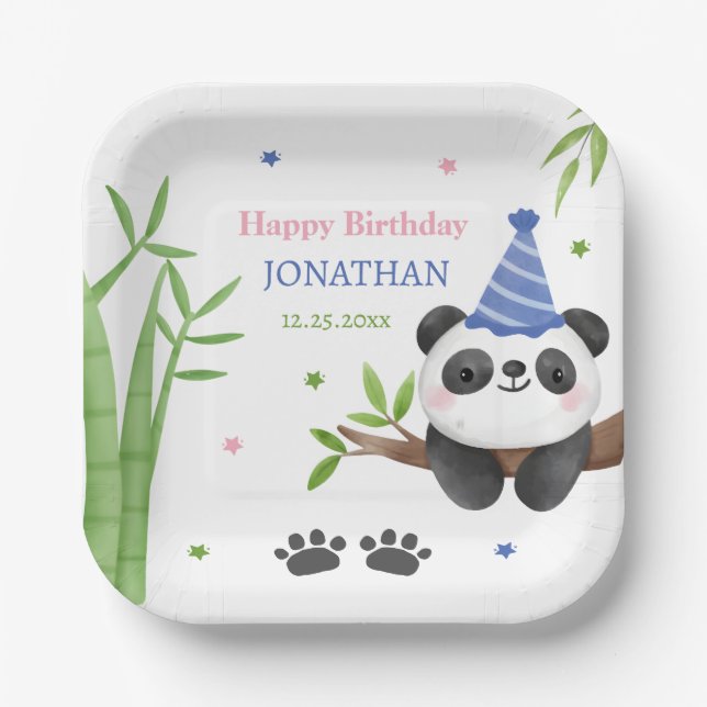 Panda Bear Green Bamboo Kids Birthday  Pappteller (Vorderseite)