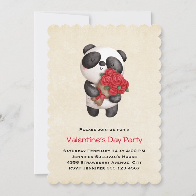 Panda Bear Holding Bouquet der Rose Valentine's Einladung (Vorderseite)