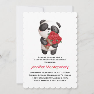 Panda Bear Holding Bouquet Rose Geburtstag Einladung