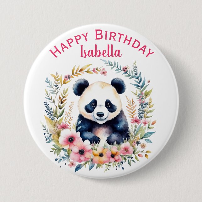 Panda Bear in Blume Girl's Geburtstag Personalisie Button (Vorderseite)